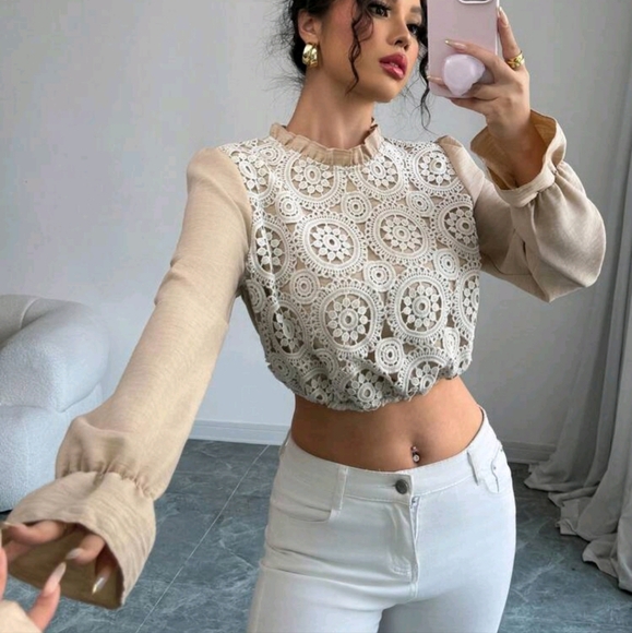 Tops - Women Casual Lace Patchwork Ruffle Hem Long Sleeve Cropped Shirt